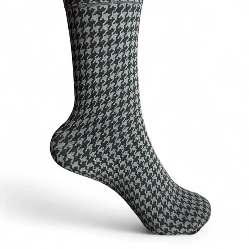 HUE Houndstooth Nylon Knee High Socks Womens One Size Fits Most Black Gray Steel